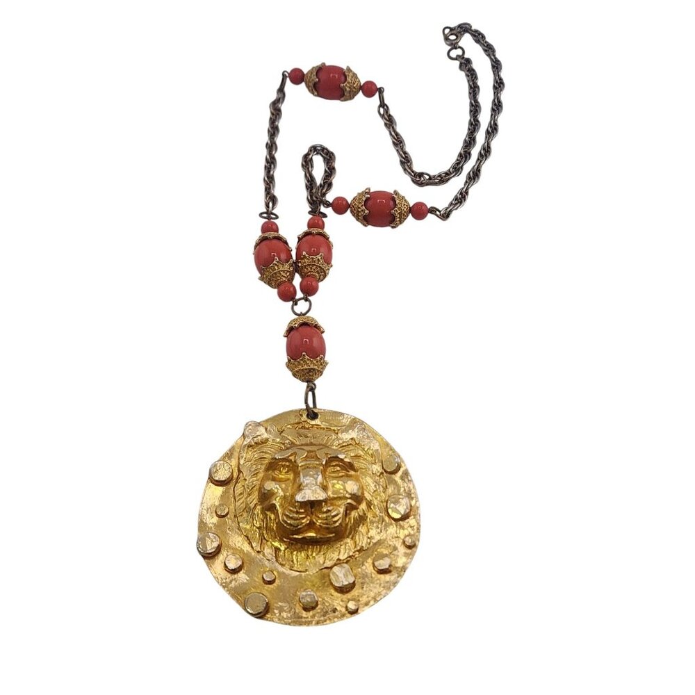 Fabulous French Rare Jules Van Rouge Huge Lion Pendant Necklace (A6000)
